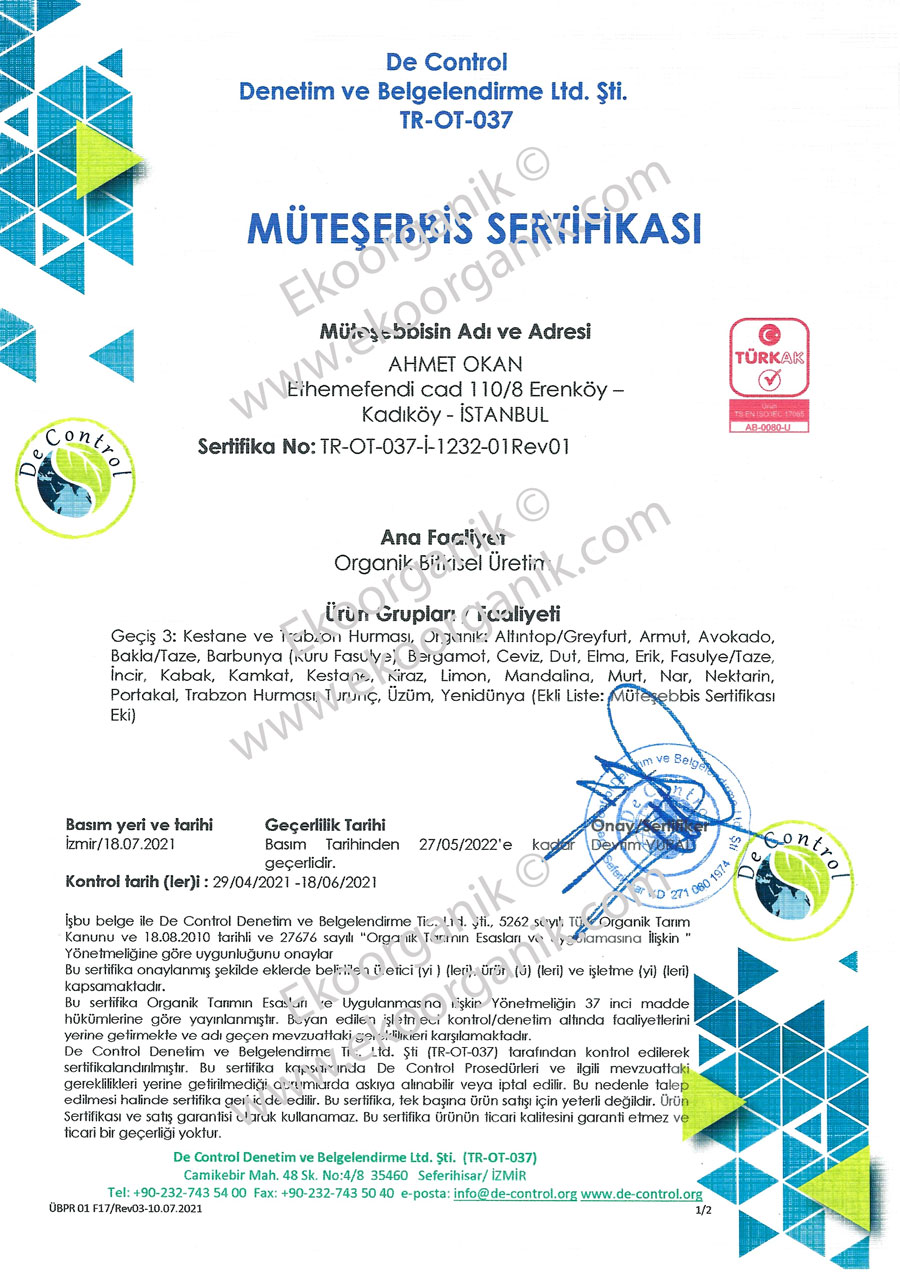 Ahmet Okan Organic Farm De Control Certificate