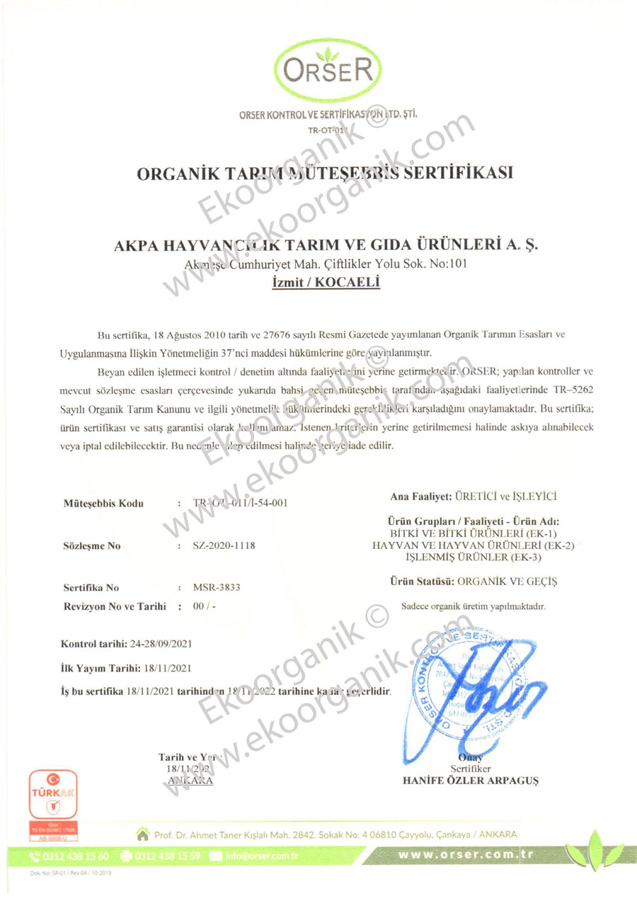 Akmeşe Organic Diary Farm Orser Certificate