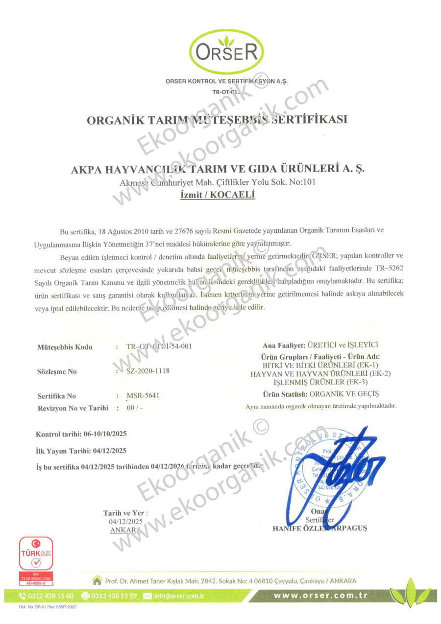 Akmeşe Organik Süt Çiftliği Orser Sertifika