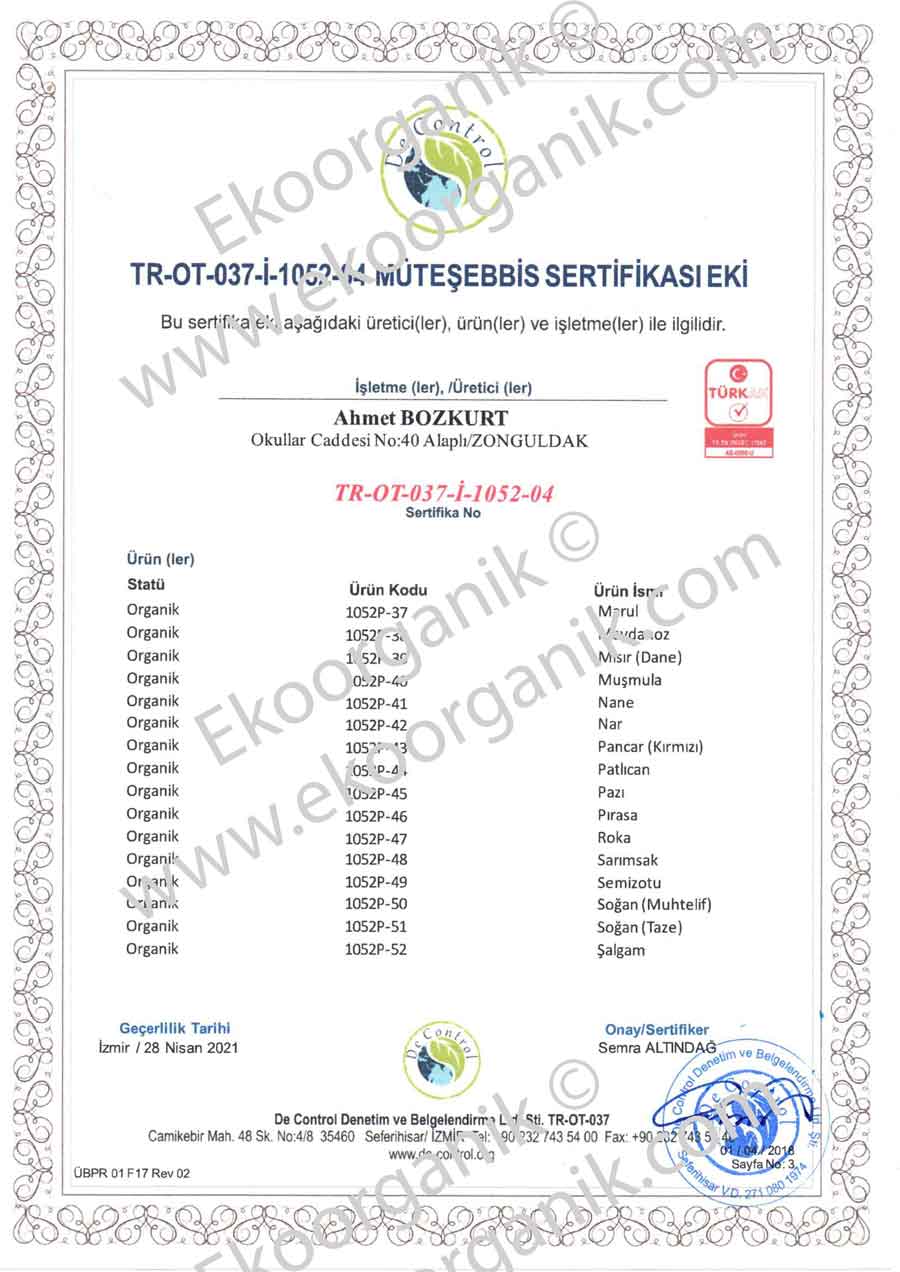 Ayten Hanim's Organic Farm De Control Certificate