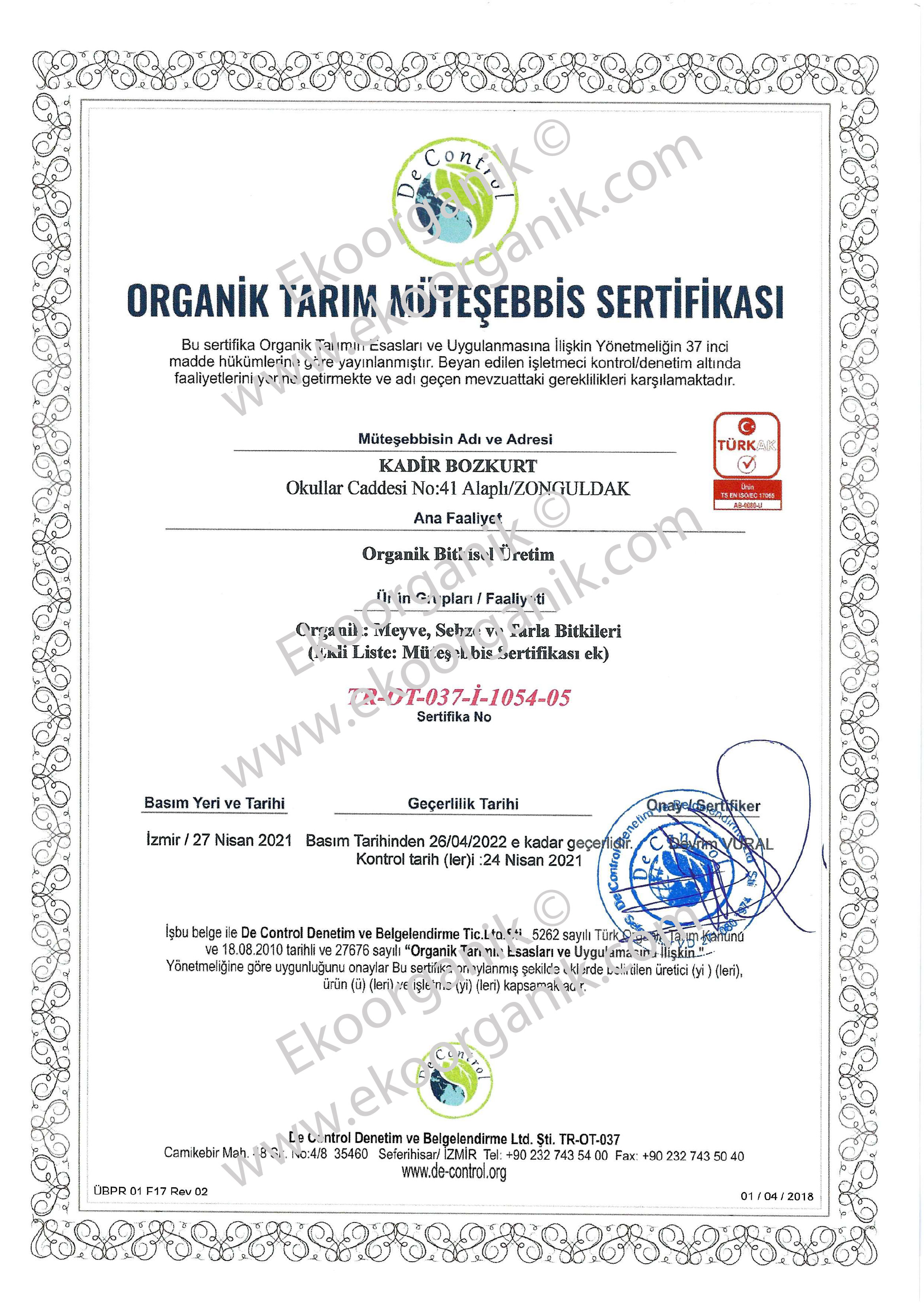 Ayten Hanim's Organic Farm De Control Certificate