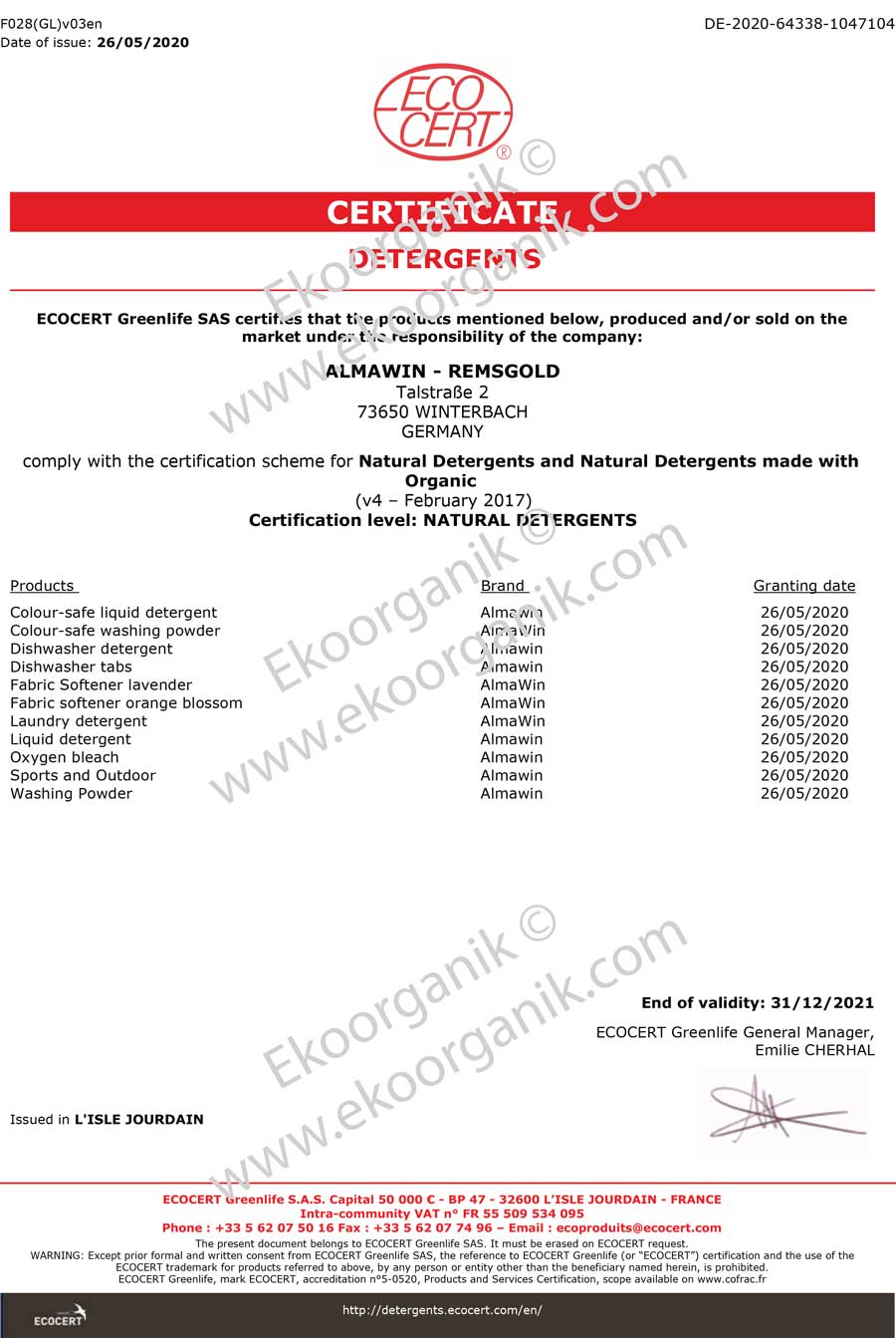 AlmaWin Reinigungskonzentrate GmbH ECOCERT Certificate