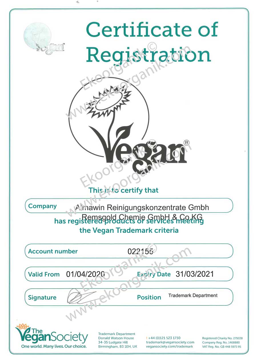 Klar Eco Sensitive by AlmaWin Vegan Society Certificate