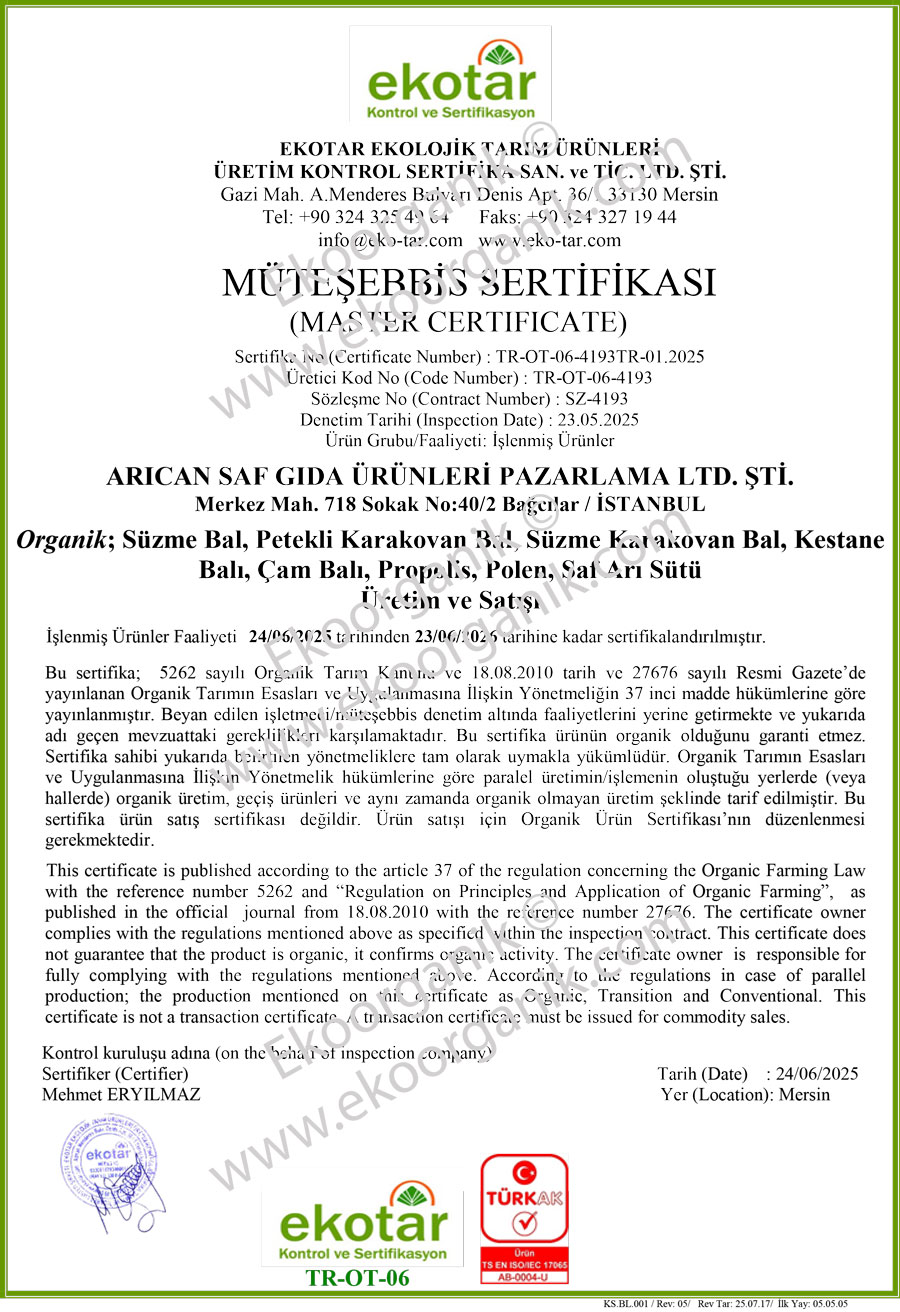 ARICAN SAF GIDA Ekotar Sertifika