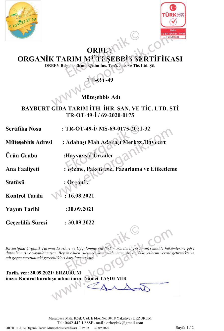 Bayburt Gıda Tarım, Turkey ORBEY Certificate