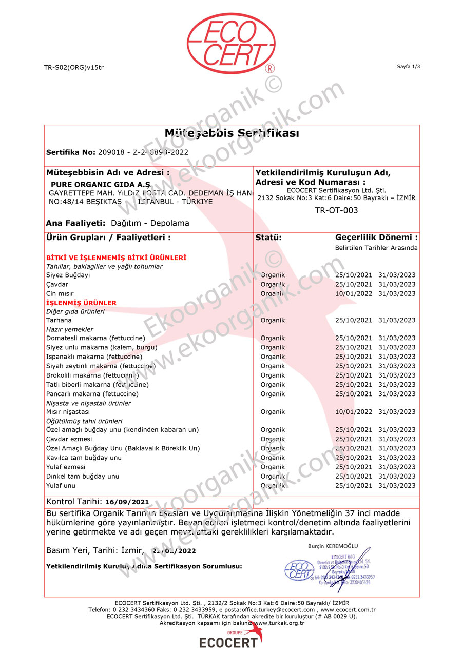 Bemtat Organic Flour ECOCERT Certificate