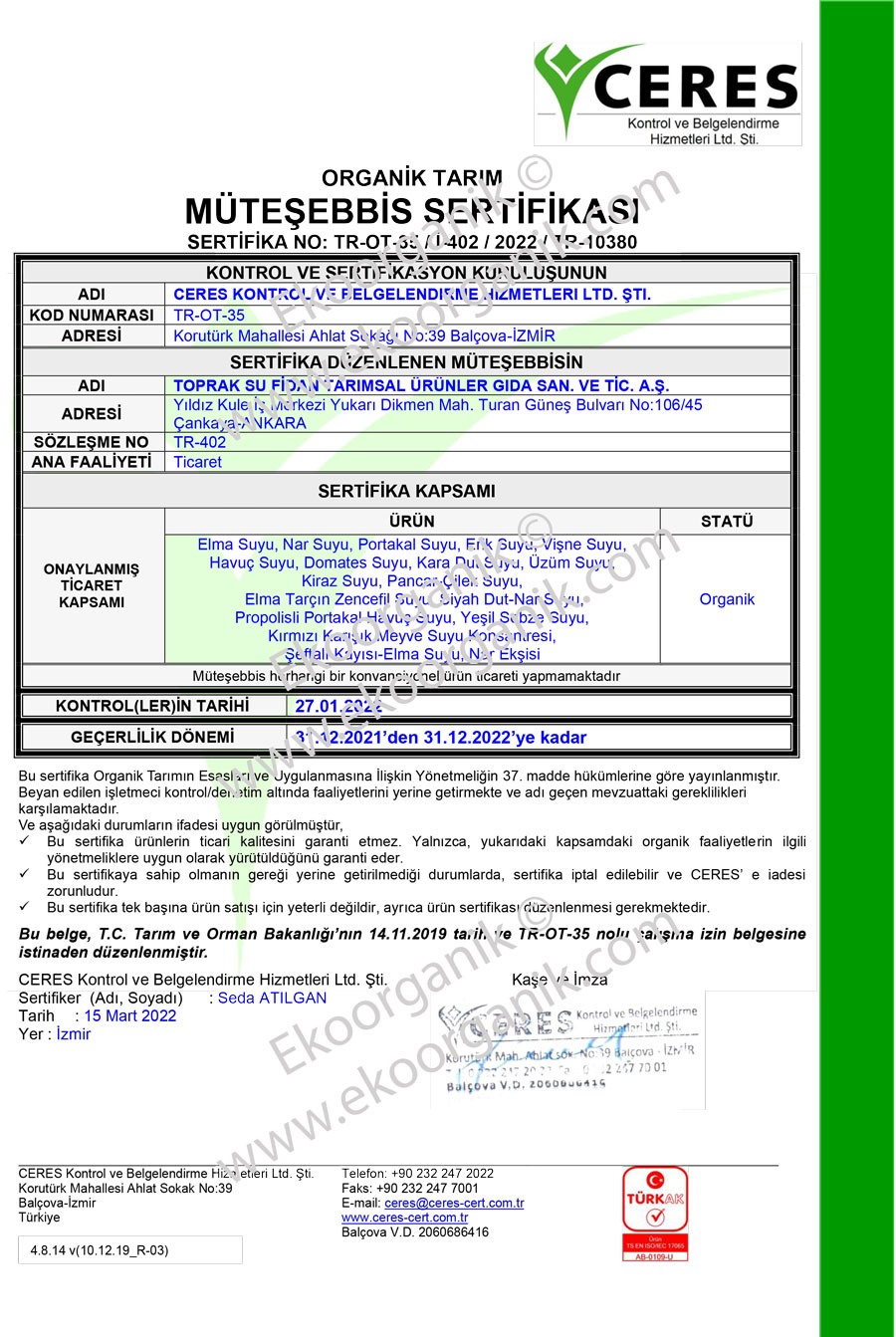 Toprak Su Fidan Ceres Certificate