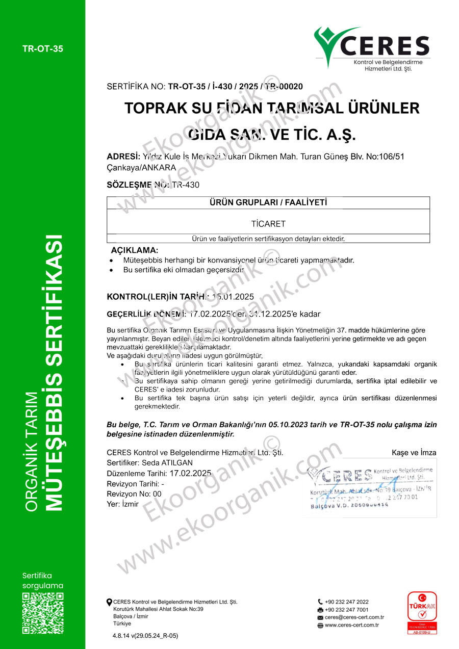 Toprak Su Fidan Ceres Sertifika