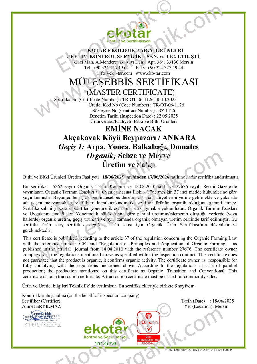 Nacaklar Farm, Beypazari Ankara Turkey Ekotar Certificate