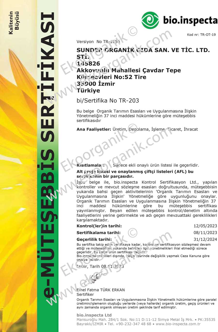 Sunder Organic Bio Inspecta Certificate