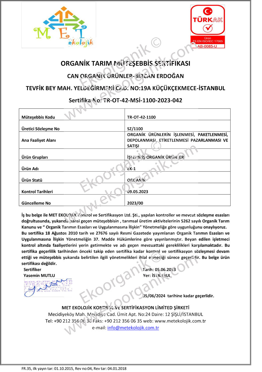 Can Organic, Bircan Erdoğan Met Certificate