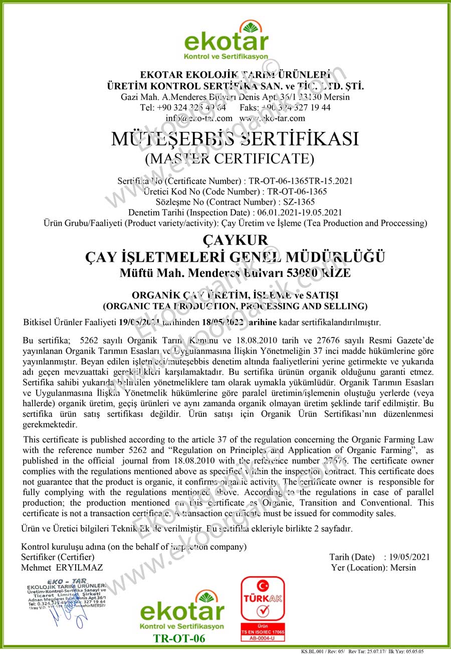 Çaykur Organic Turkish Tea Ekotar Certificate