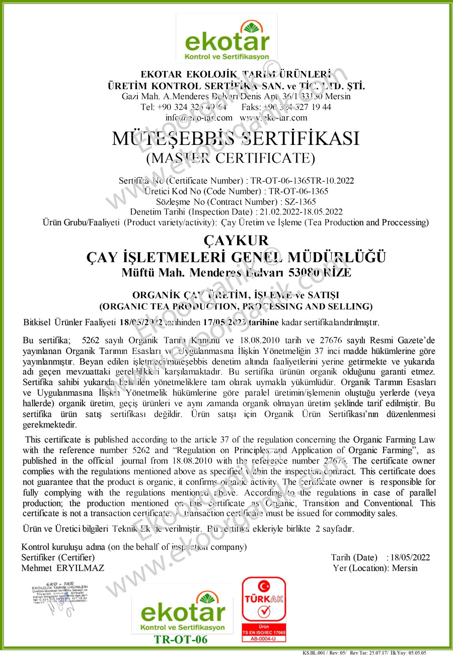 Çaykur Çay İşletmeleri (Organik Çay Tarım Havzası) Ekotar Sertifika