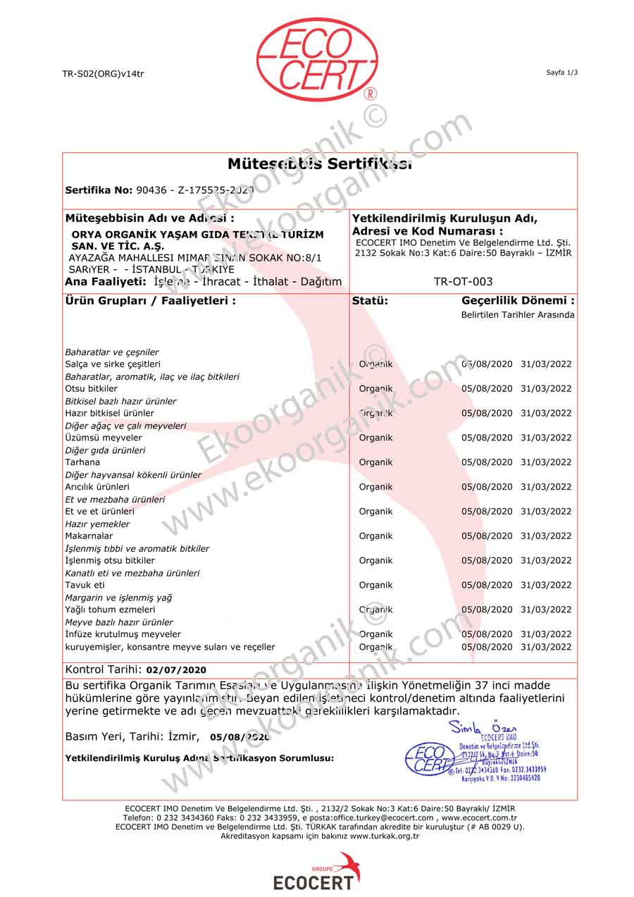 City Farm, Orya Organik Yaşam, Turkey ECOCERT Certificate