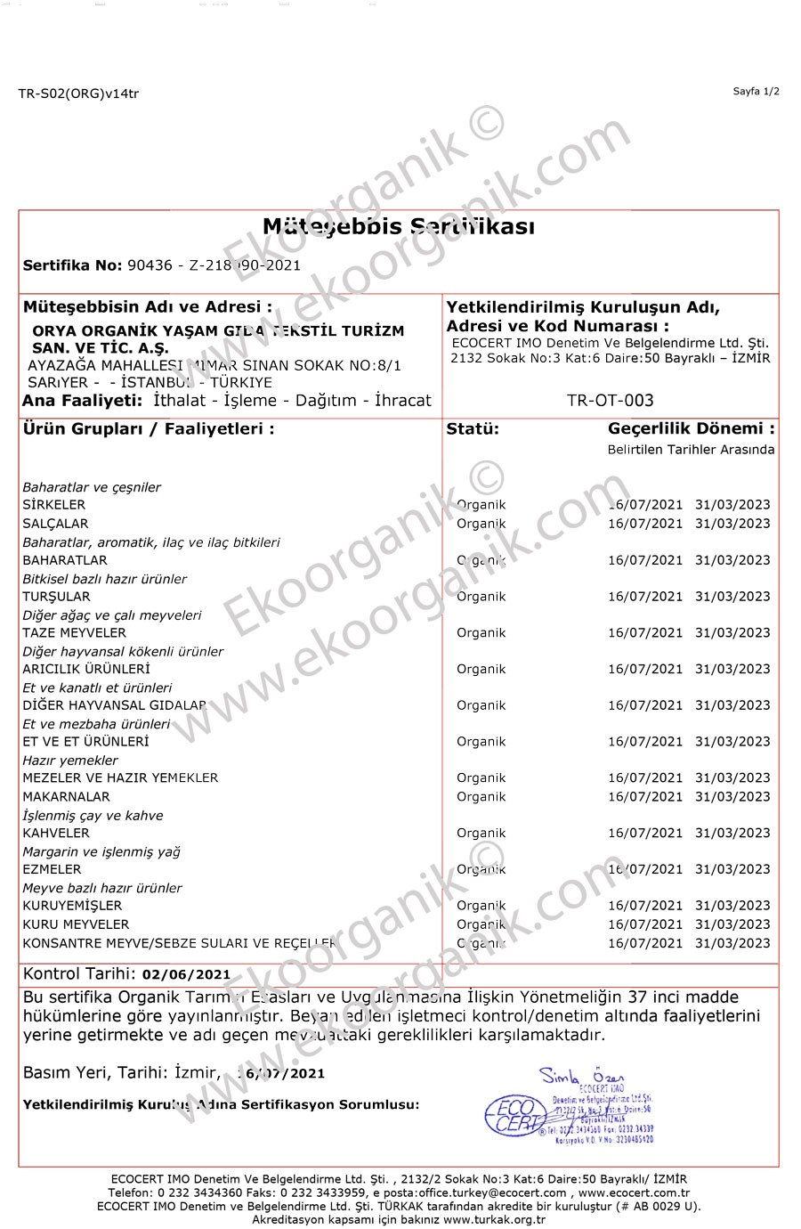 City Farm, Orya Organik Yaşam, Turkey ECOCERT Certificate