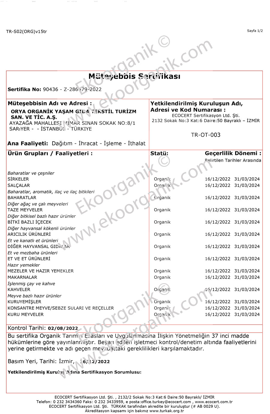 City Farm, Orya Organik Yaşam, Turkey ECOCERT Certificate