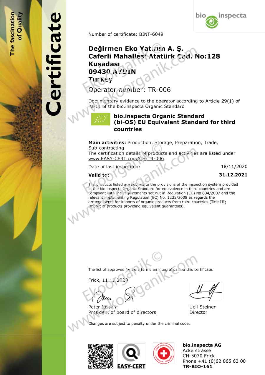 Gursel Tonbul, Degirmen Organic Farm, Kusadasi Aydin Turkey Bio Inspecta Certificate