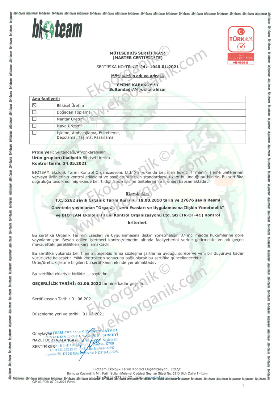 Dilek Organic Farm Bioteam Certificate