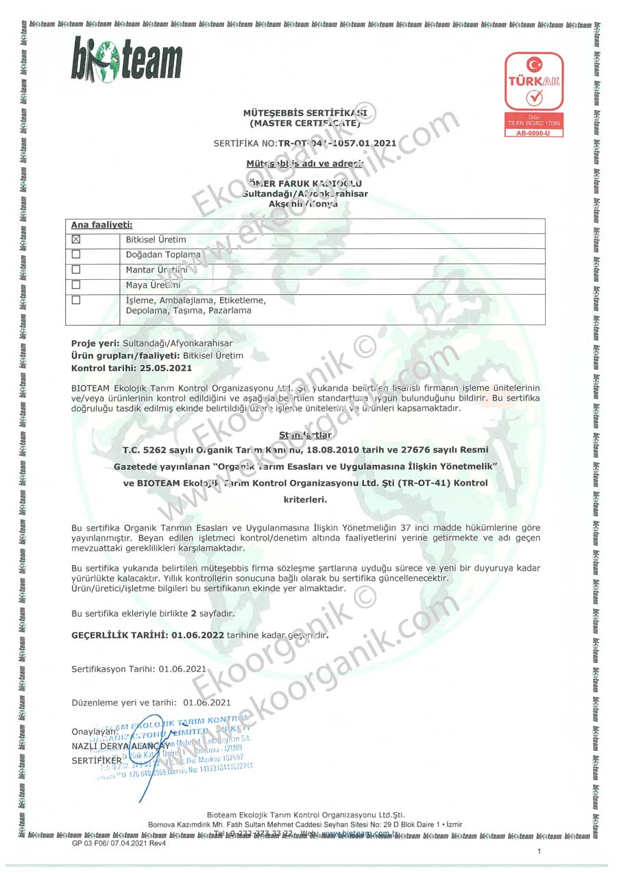 Dilek Organic Farm Bioteam Certificate