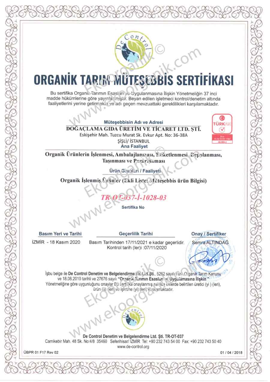 Doğaçlama Organic Food De Control Certificate