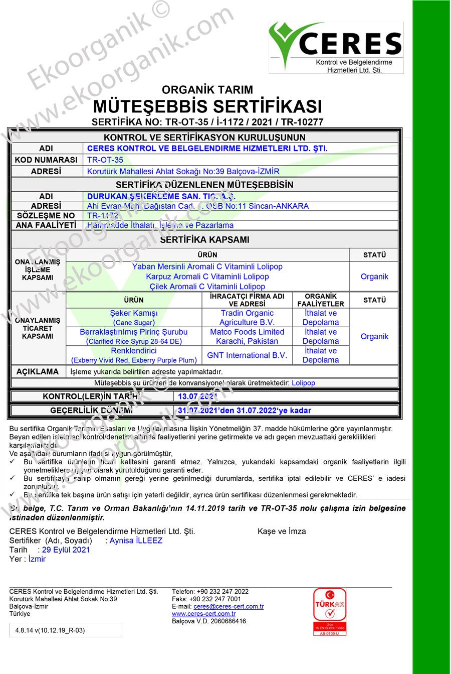 Durukan Confectionery Ceres Certificate