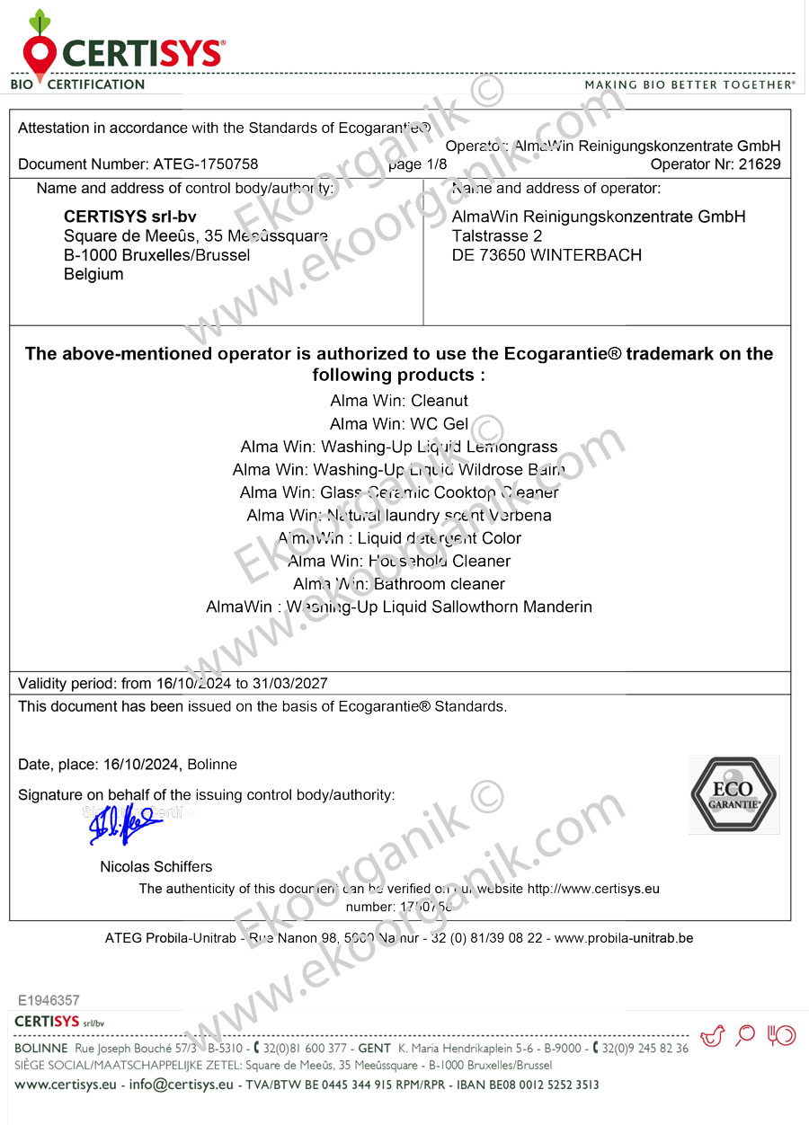 AlmaWin Reinigungskonzentrate GmbH Eco Garantie Certificate