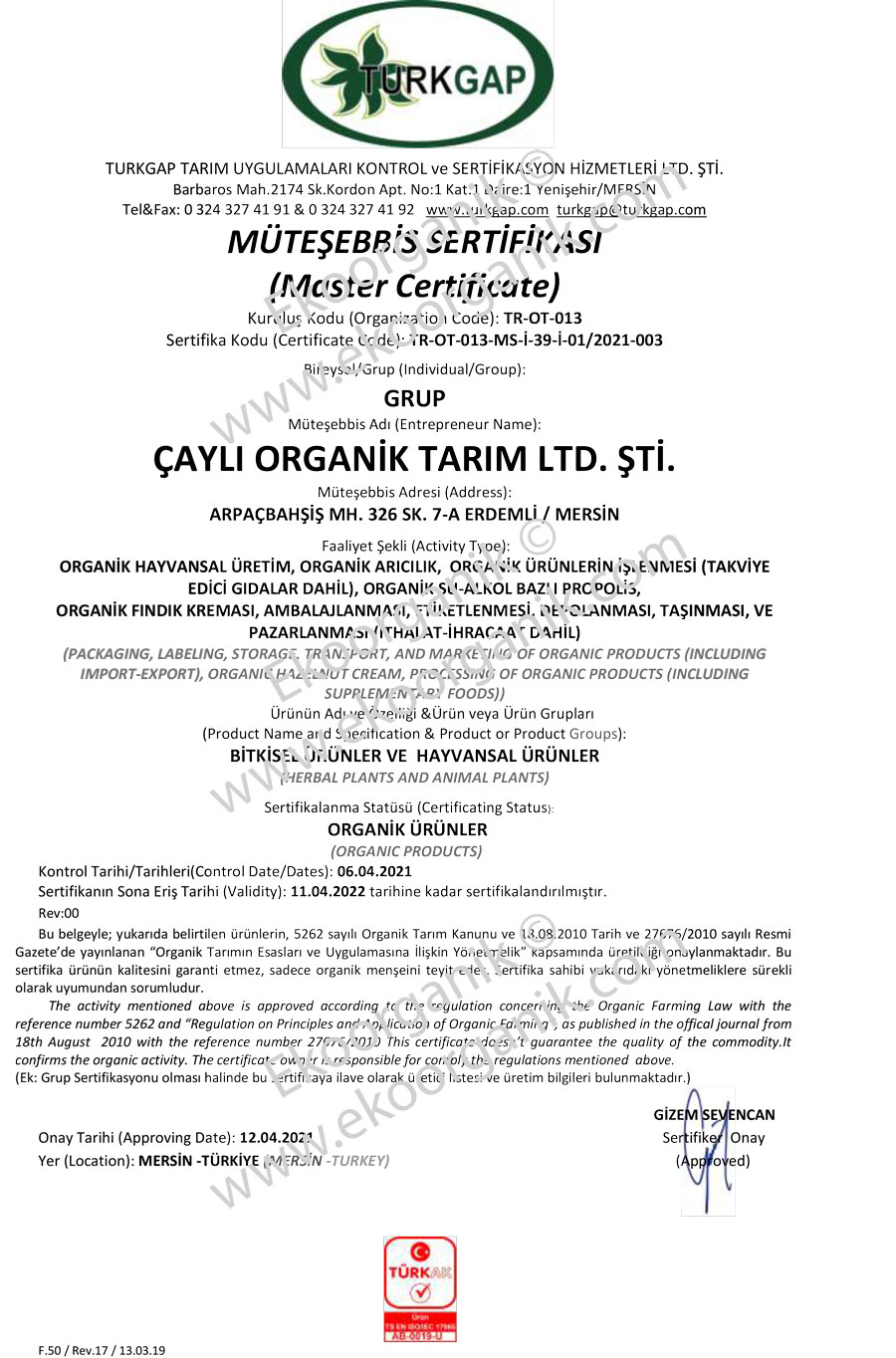 Eğriçayır, The Best Honey in the World Winner TÜRKGAP Certificate