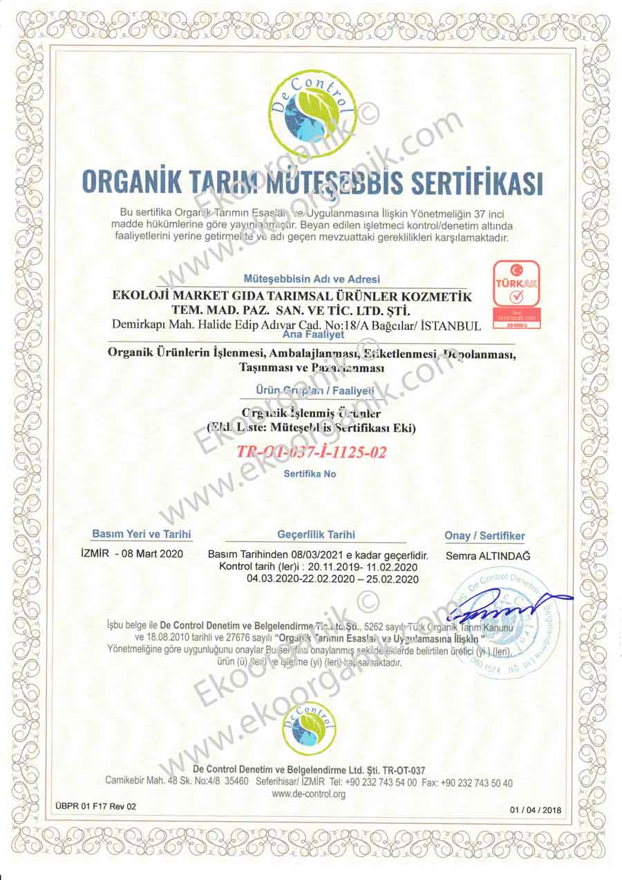 Ekoloji Market Organic Food and Agriculture De Control Certificate