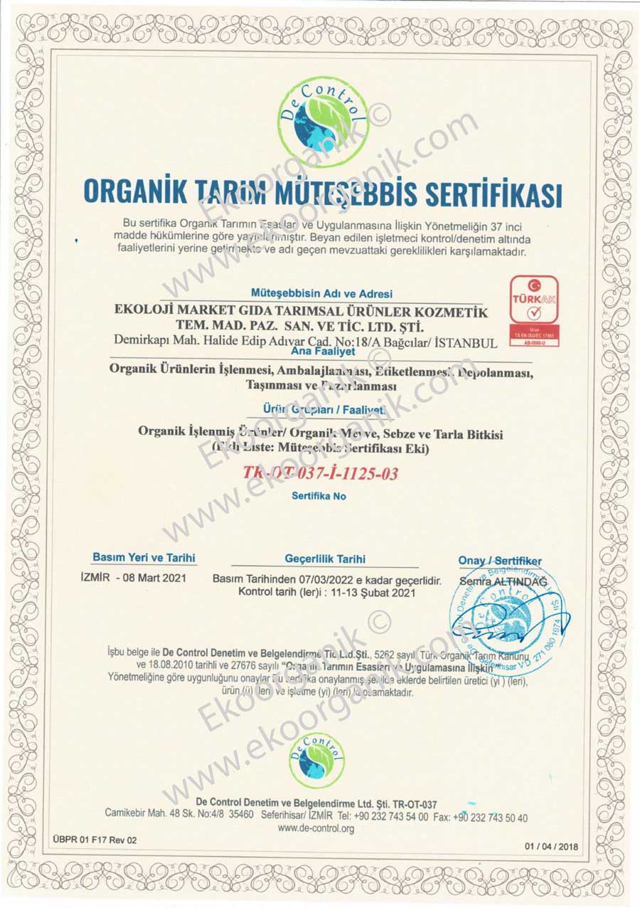 Ekoloji Market Organic Food and Agriculture De Control Certificate