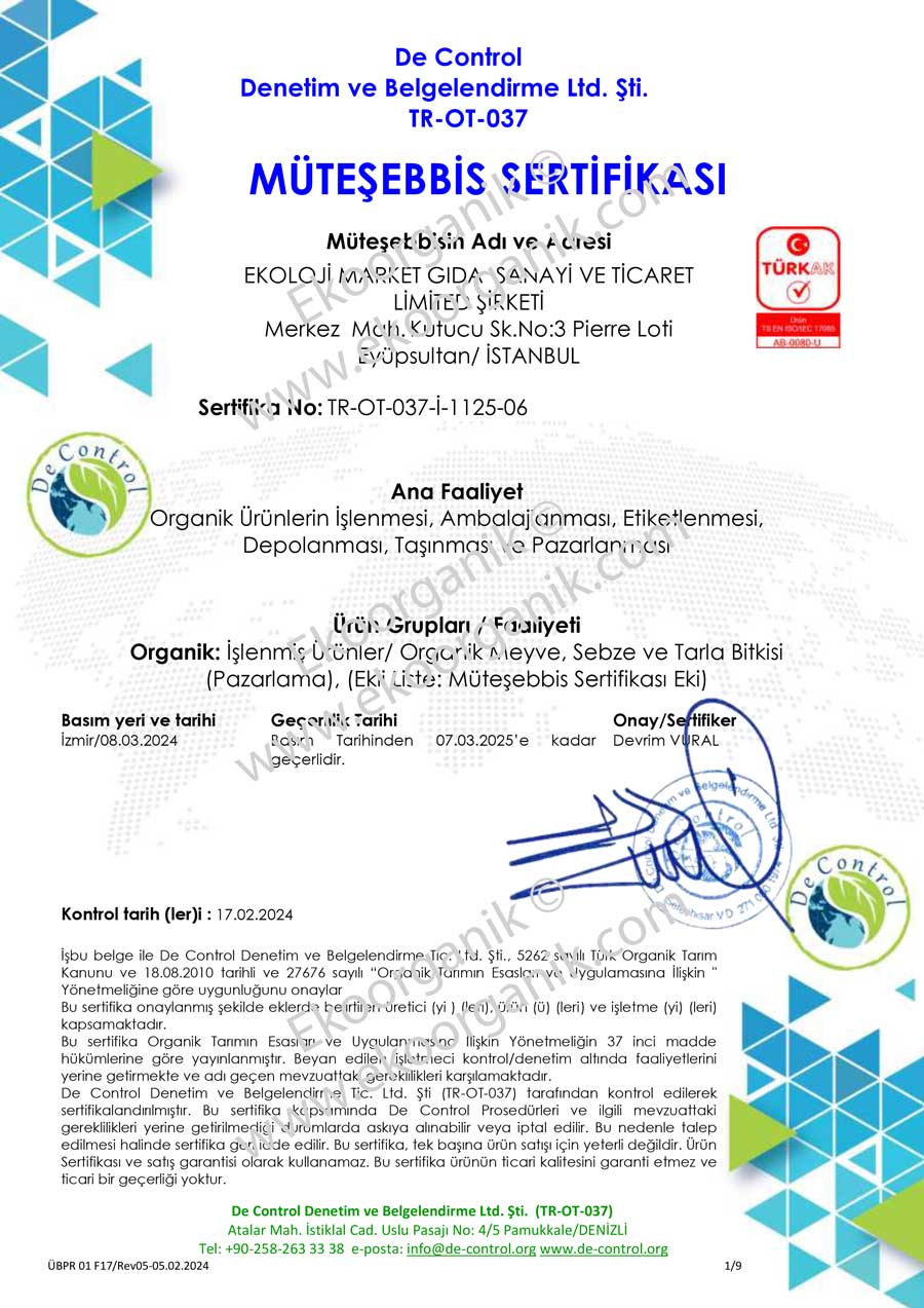 Ekoloji Market Organic Food and Agriculture De Control Certificate
