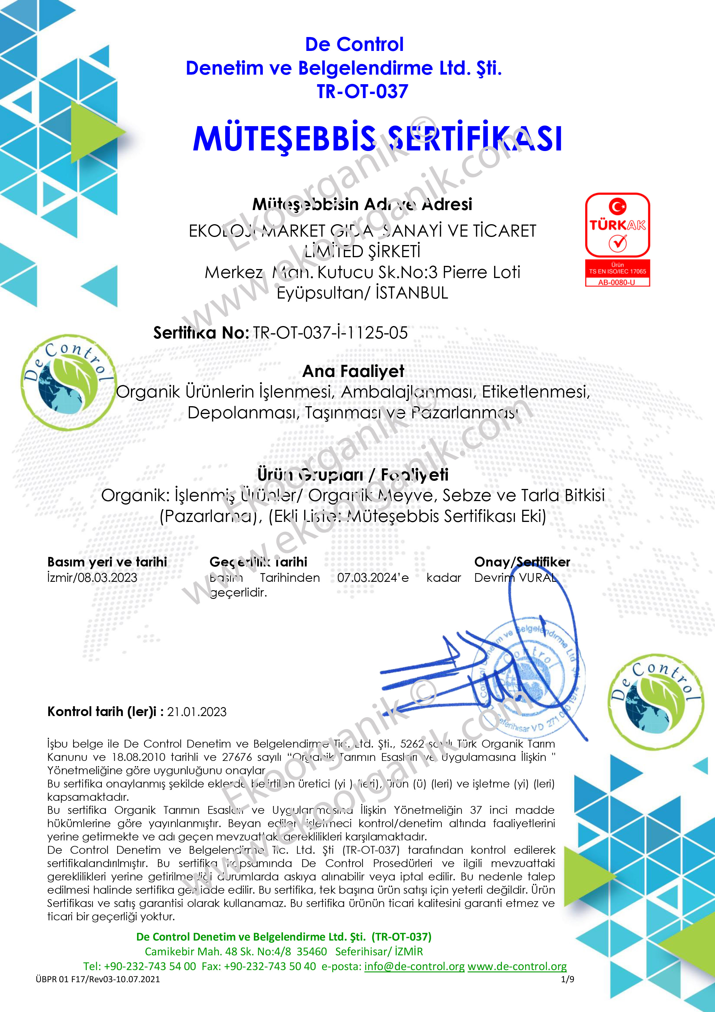 Ekoloji Market Organic Food and Agriculture De Control Certificate