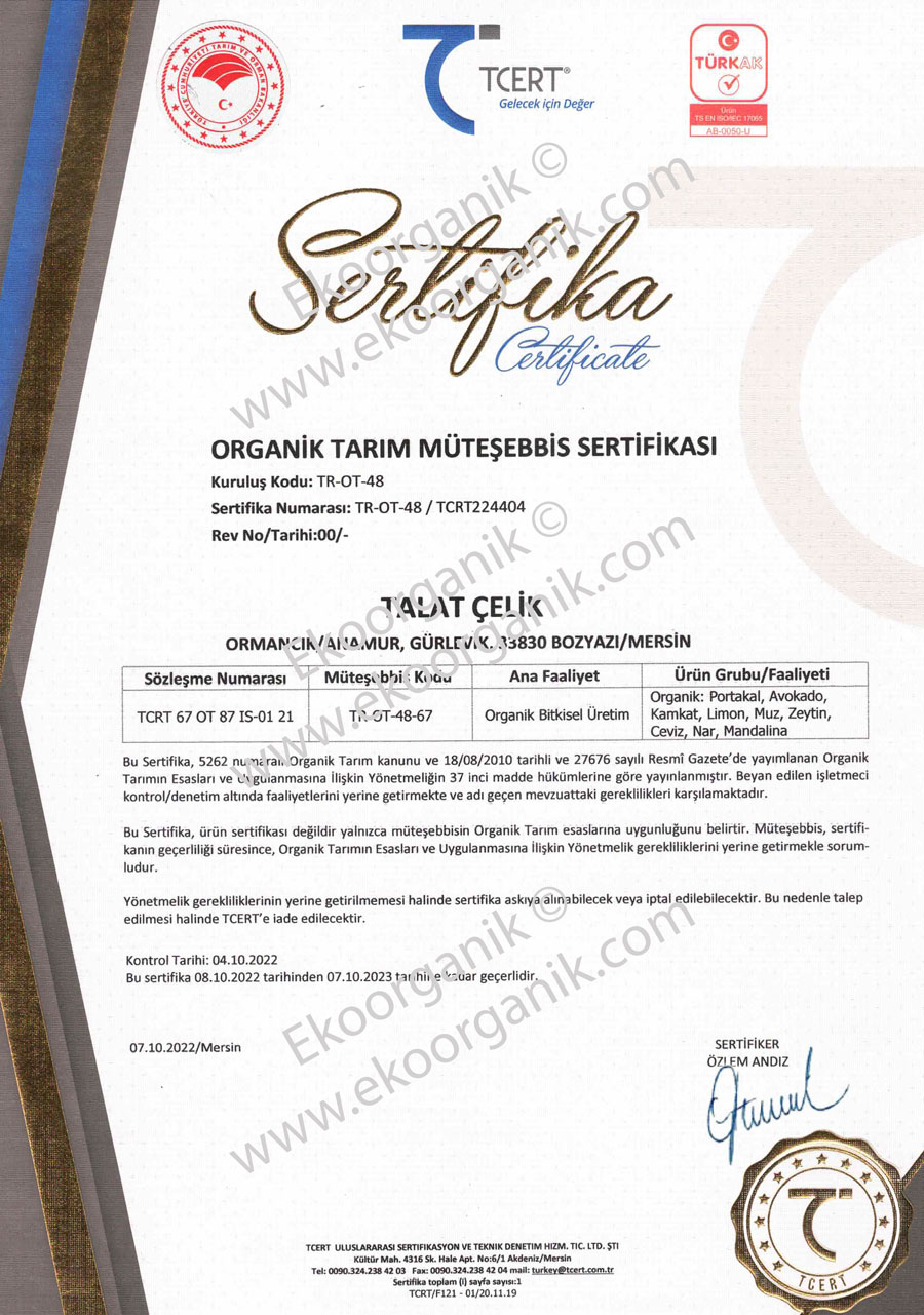 Talat Çelik Organic Farm TCERT Certificate