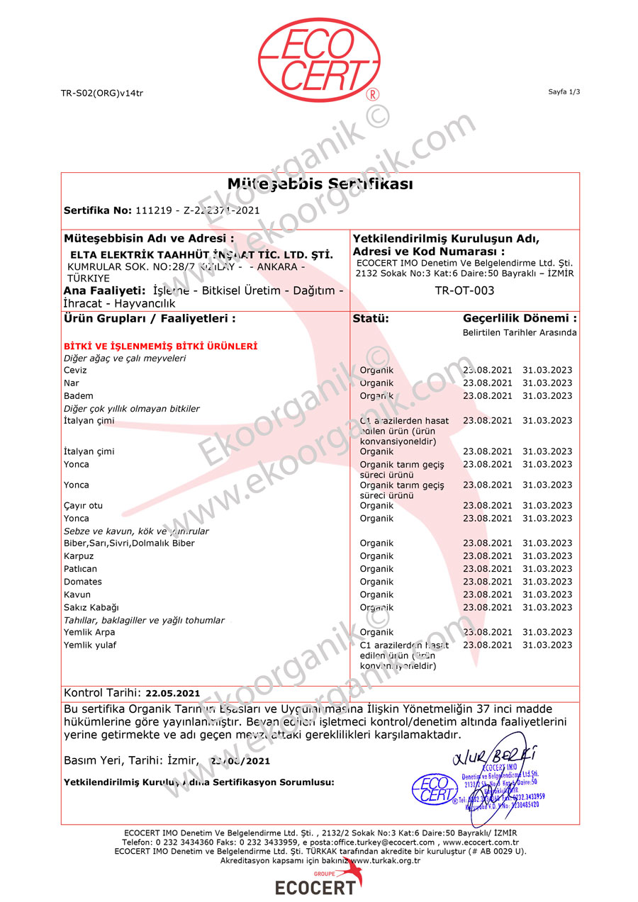 Elta Ada Organik Çiftlik, Gökçeada ECOCERT Sertifika