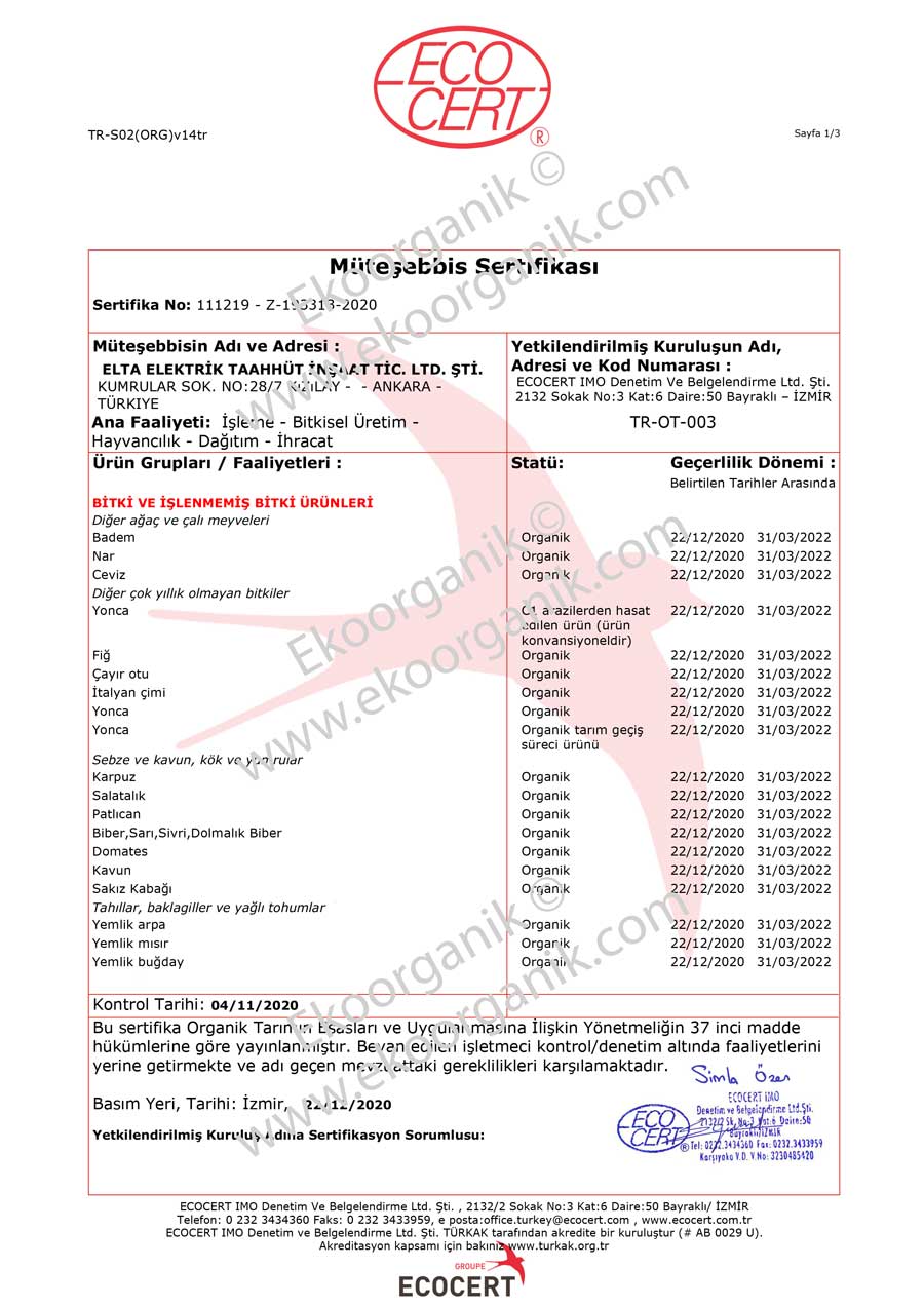 Elta Ada Organic Farm, Gökçeada (Imbros, Dardanelles) ECOCERT Certificate