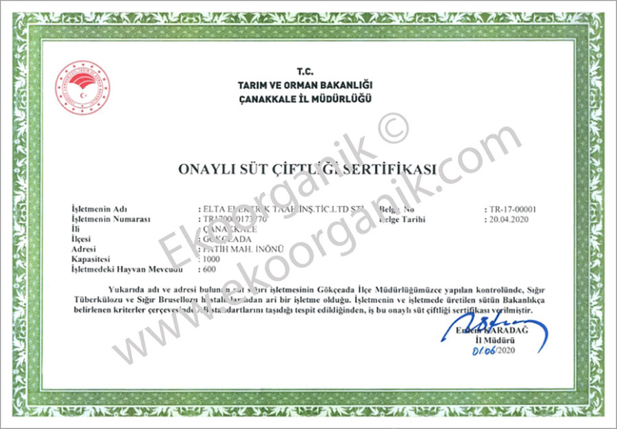 Elta Ada Organic Farm, Gökçeada (Imbros, Dardanelles) EU Approved Dairy Farm Certificate