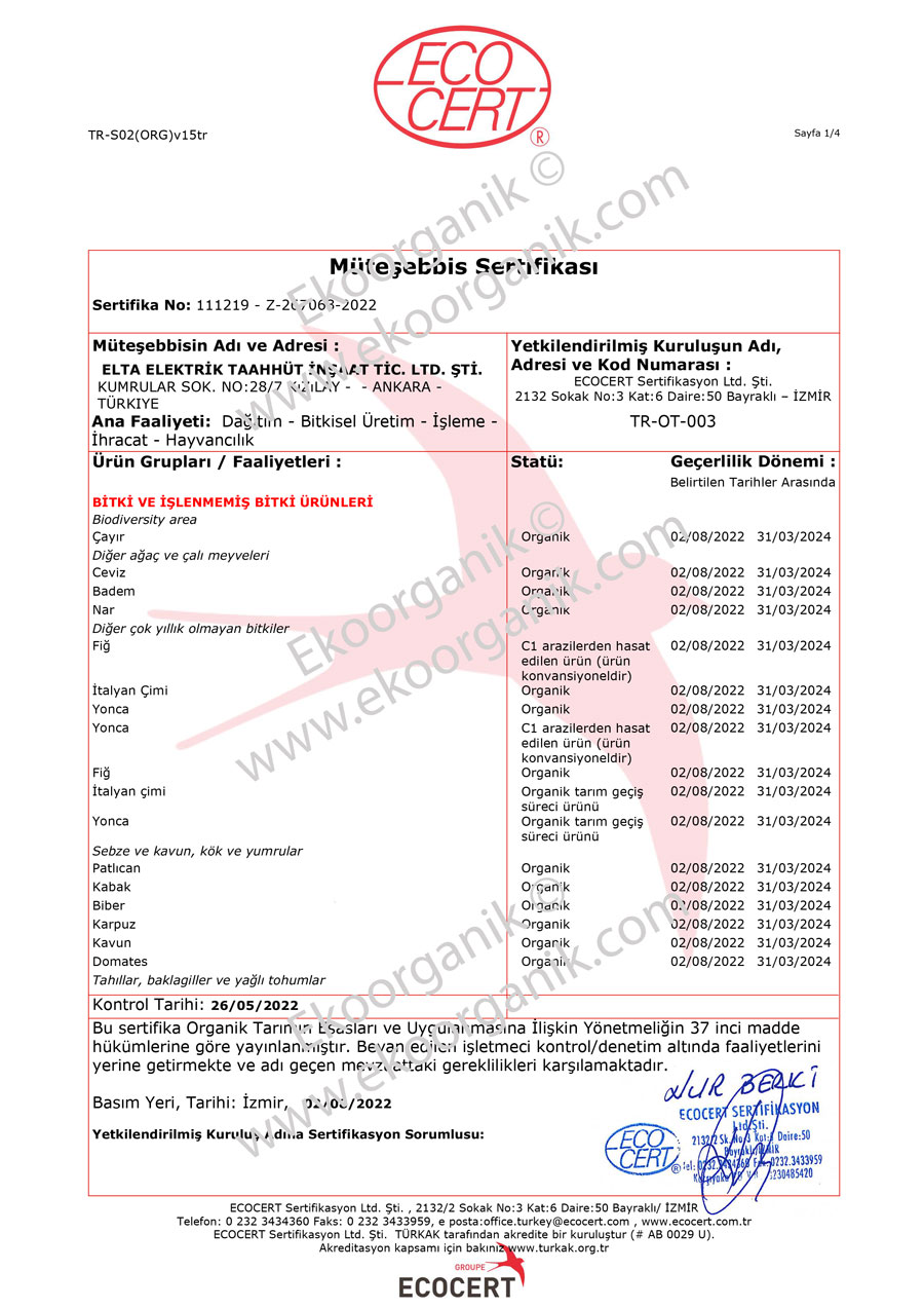 Elta Ada Organic Farm, Gökçeada (Imbros, Dardanelles) ECOCERT Certificate