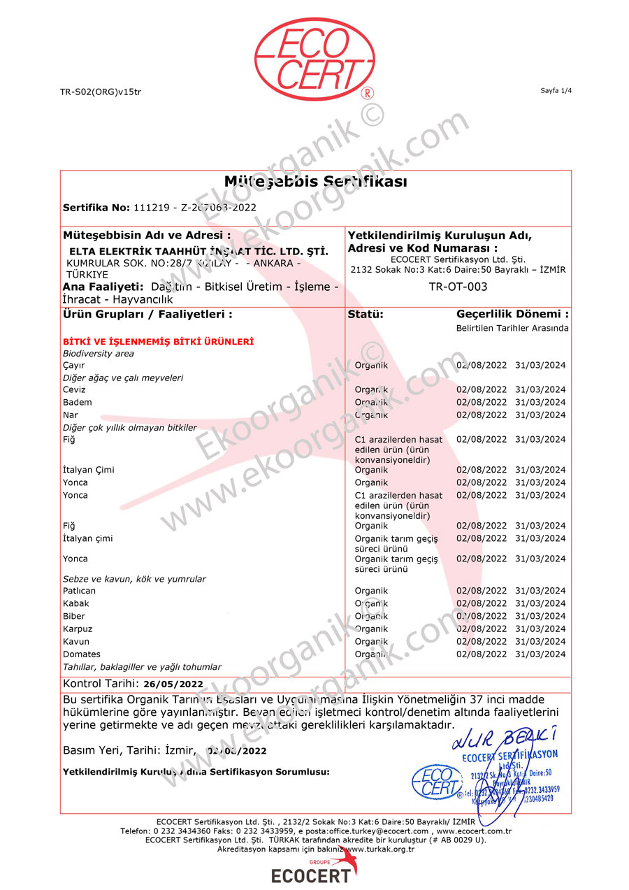 Elta Ada Organik Çiftlik, Gökçeada ECOCERT Sertifika