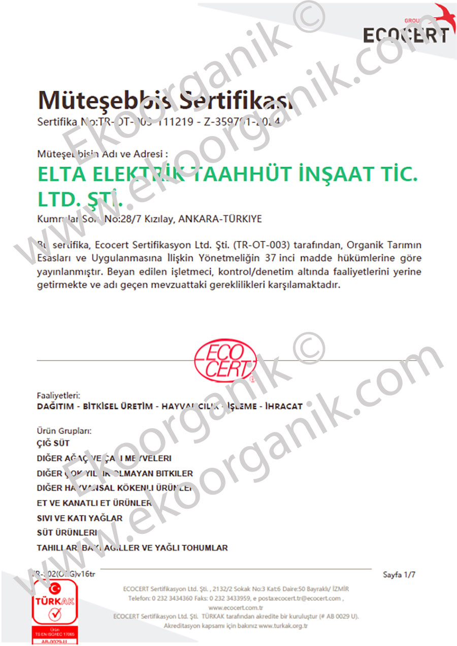 Elta Ada Organic Farm, Gökçeada (Imbros, Dardanelles) ECOCERT Certificate