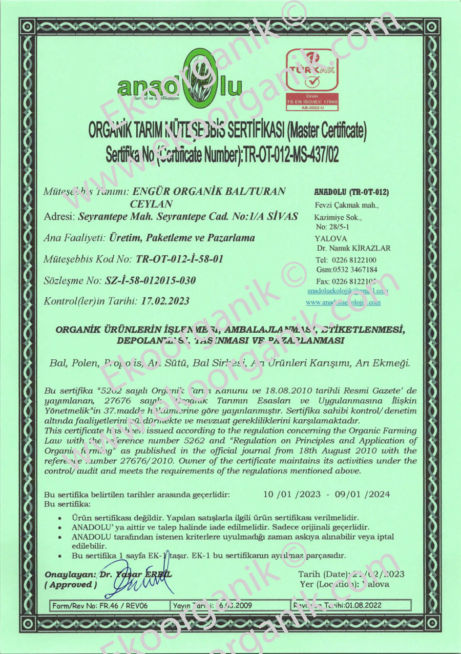 Turan Ceylan, Beekeeper, Sivas Turkey Anadolu Certificate