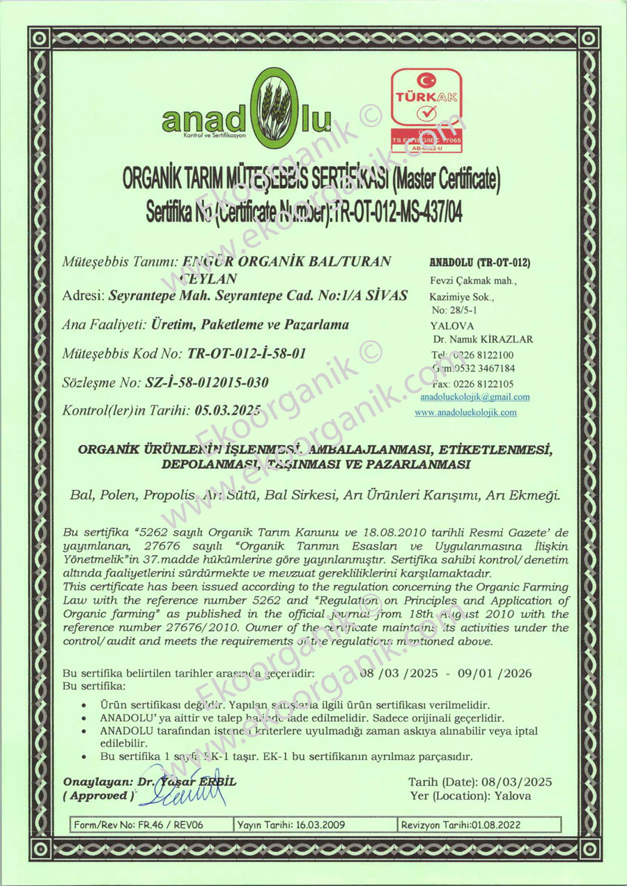Turan Ceylan Engür Organik, Sivas Tozanlı Vadisi Anadolu Sertifika