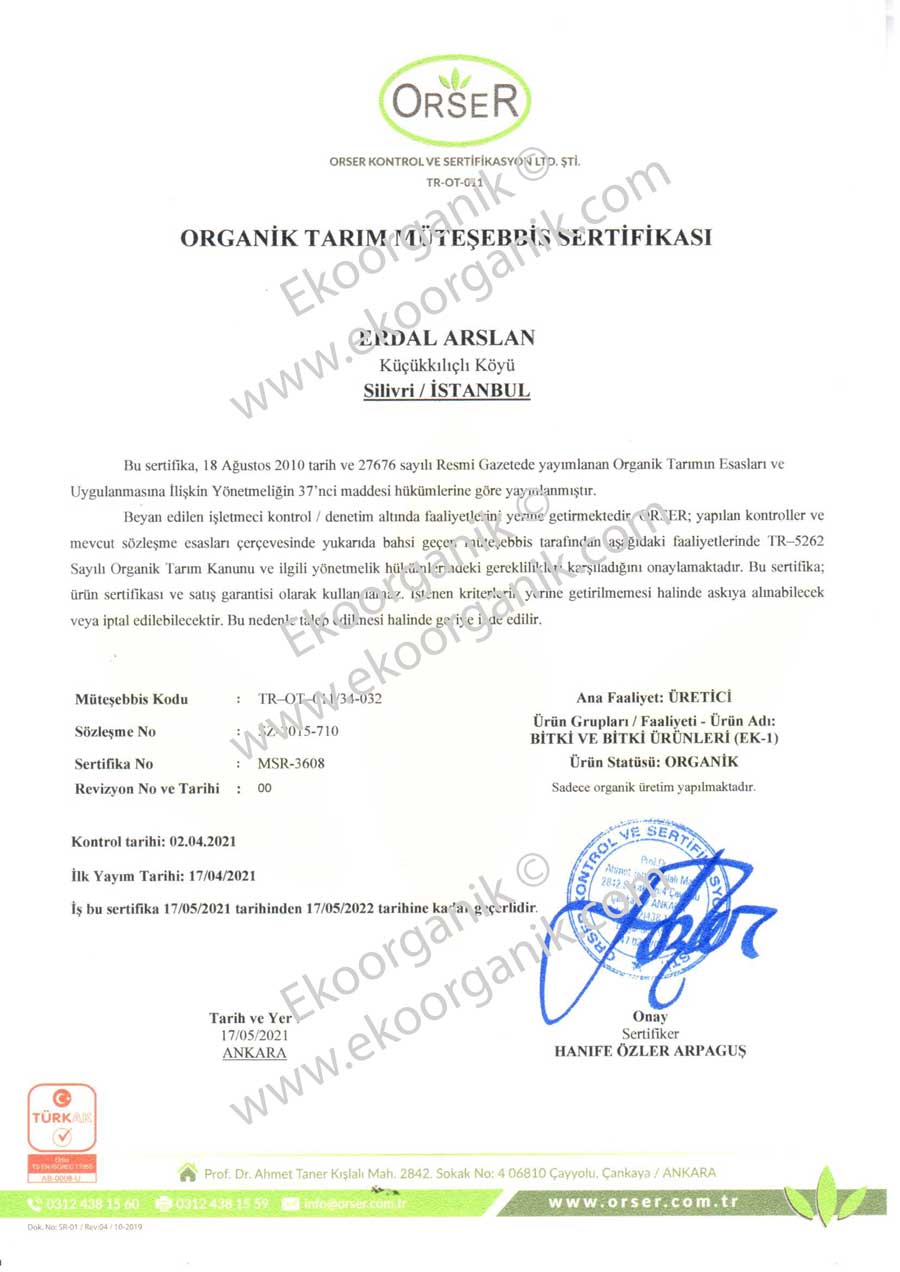 Erdal Arslan Organic Farm Orser Certificate