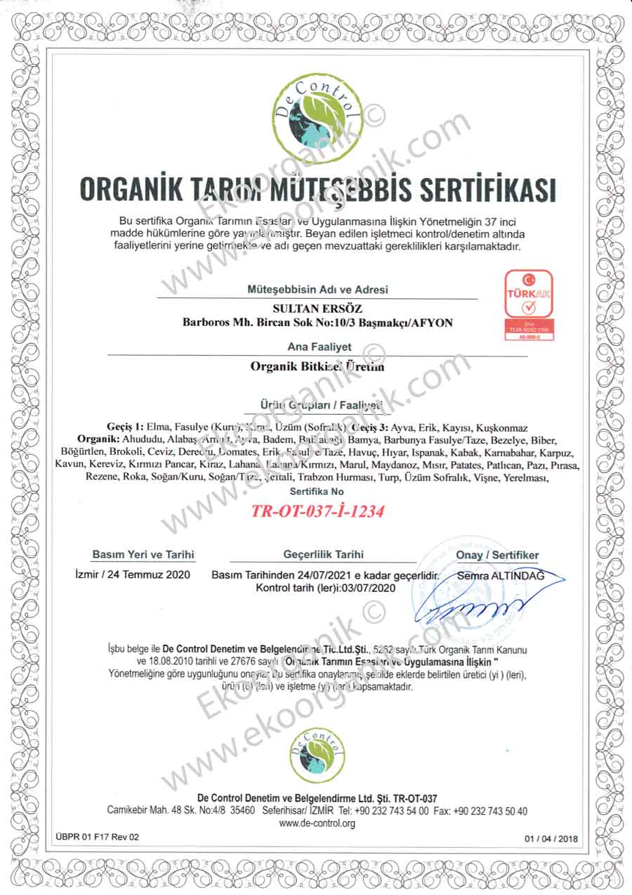 Ersöz Organic Farm, Afyon Turkey De Control Certificate
