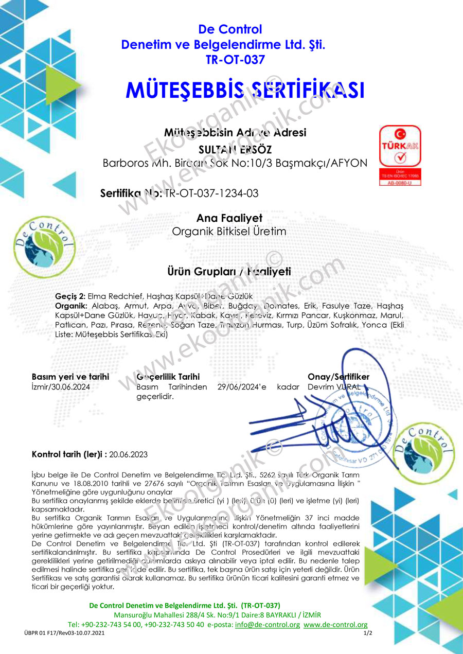 Ersöz Organic Farm, Afyon Turkey De Control Certificate