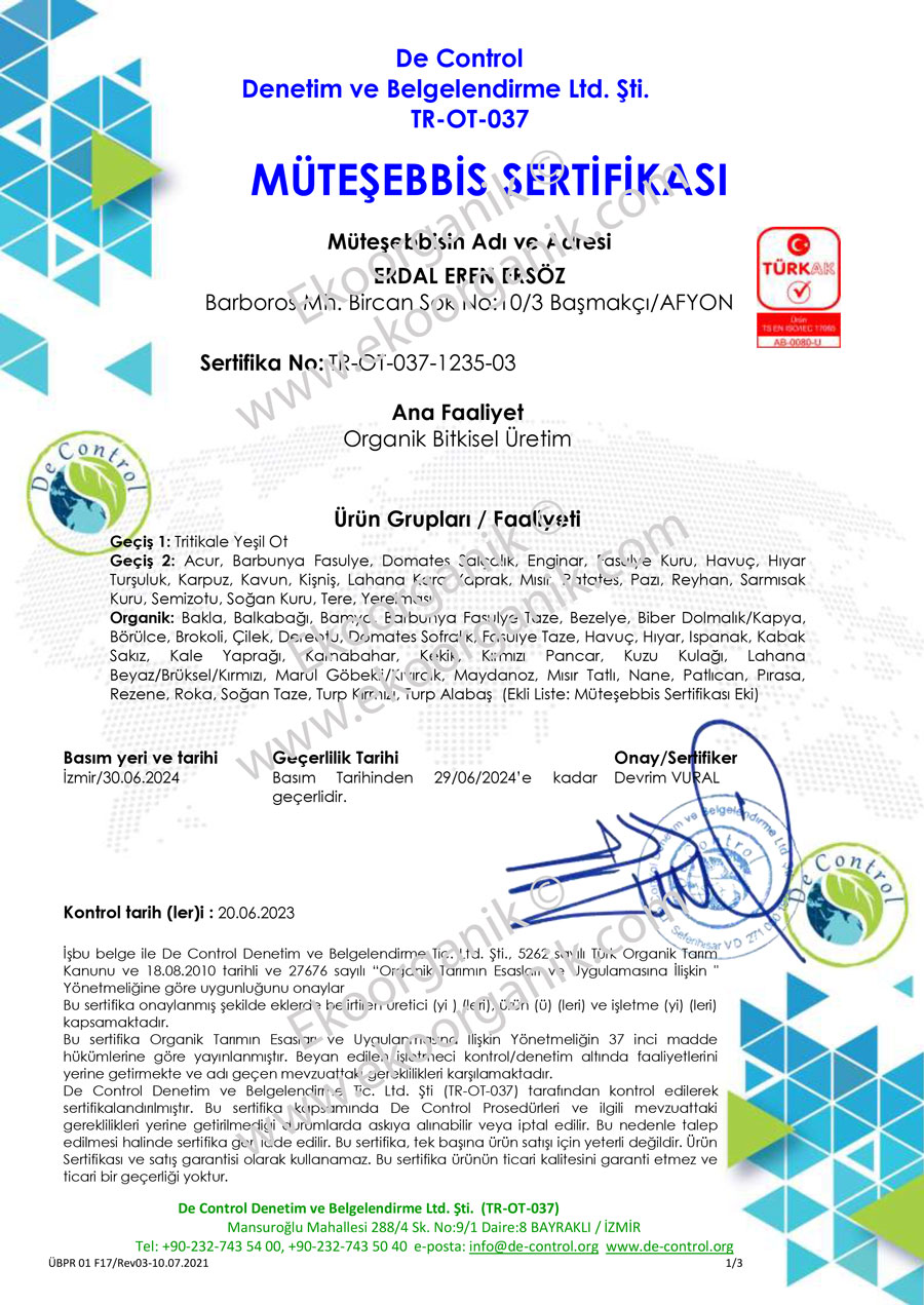 Ersöz Organic Farm, Afyon Turkey De Control Certificate