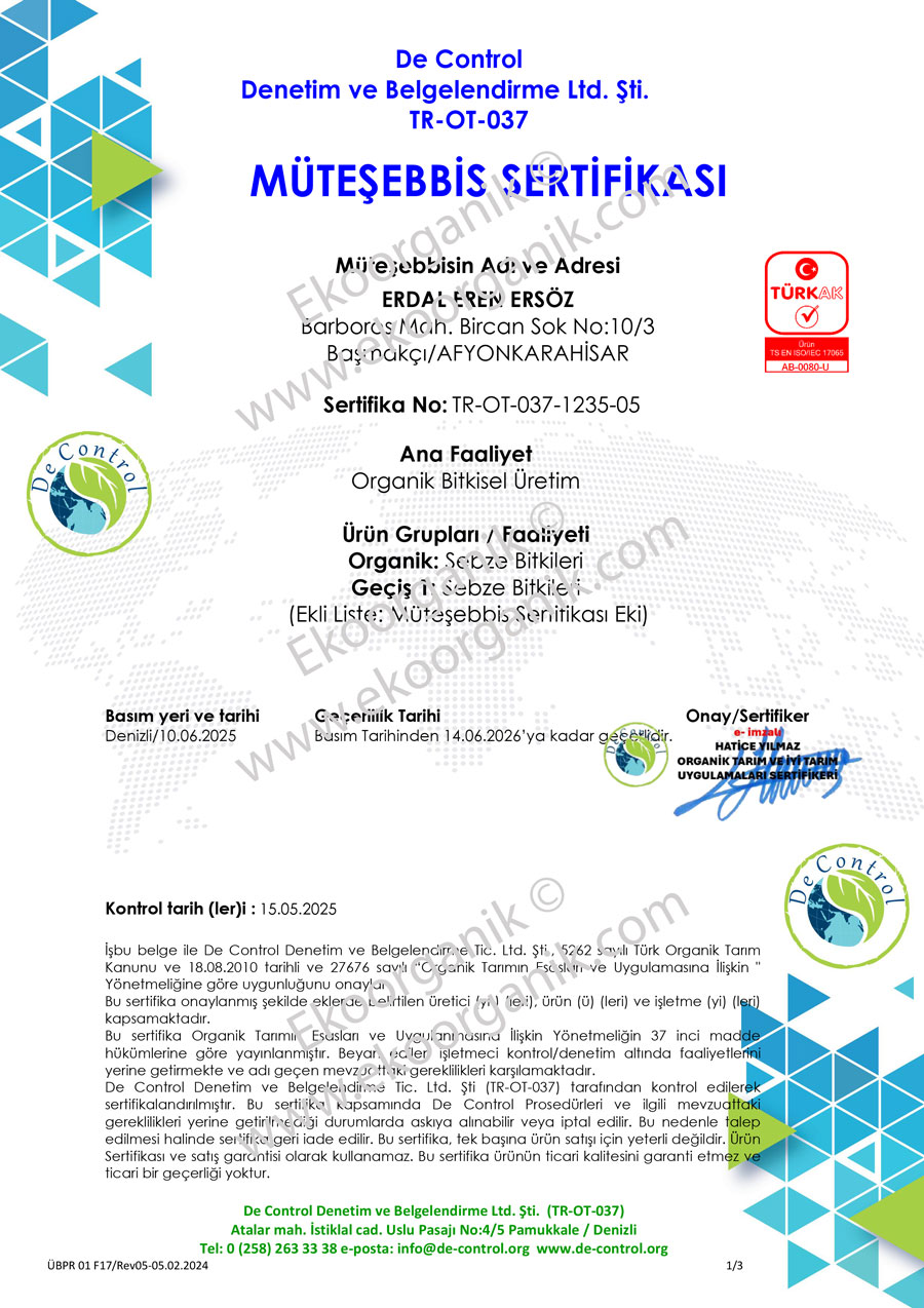 Ersöz Organic Farm, Afyon Turkey De Control Certificate