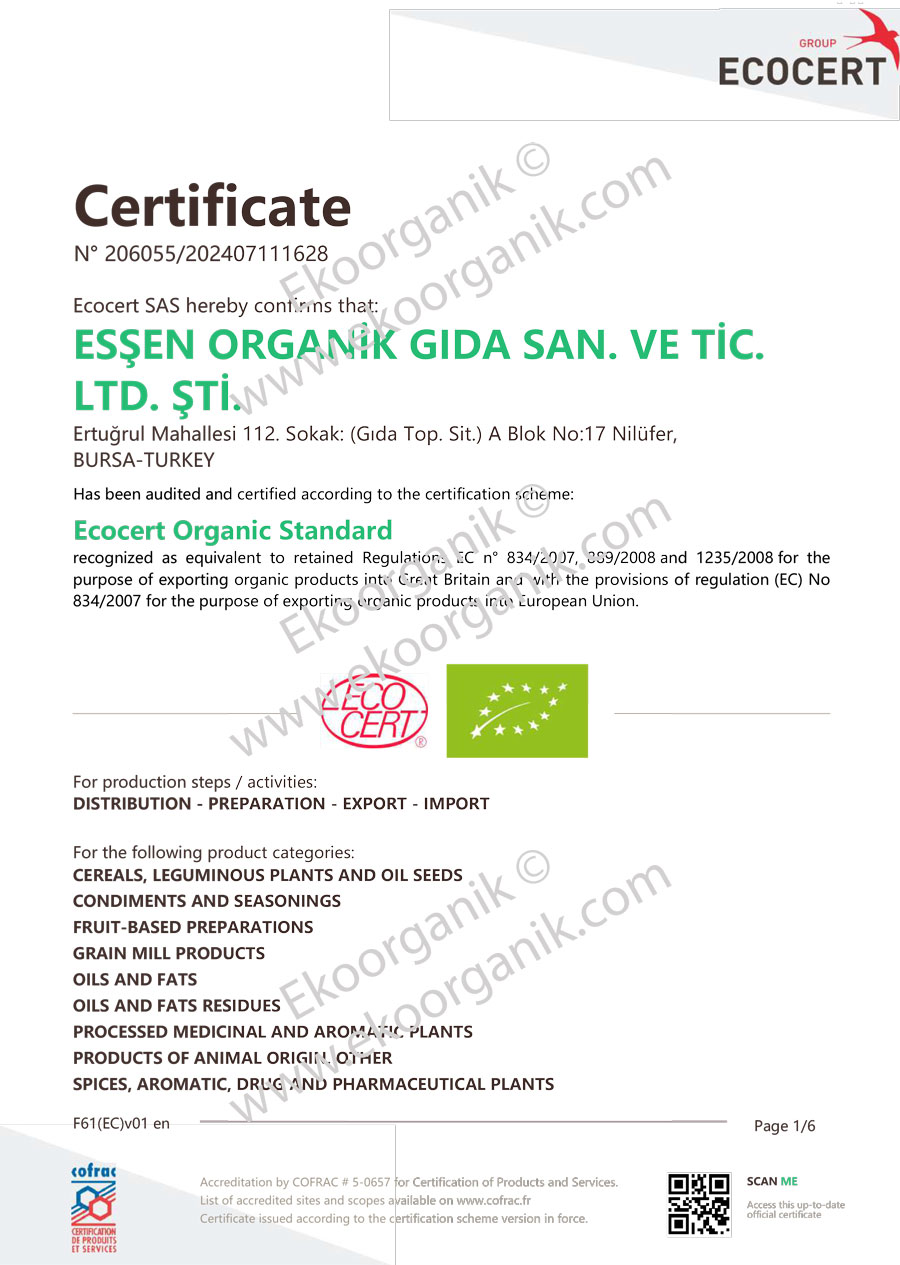 Esşen Organic Food ECOCERT Certificate