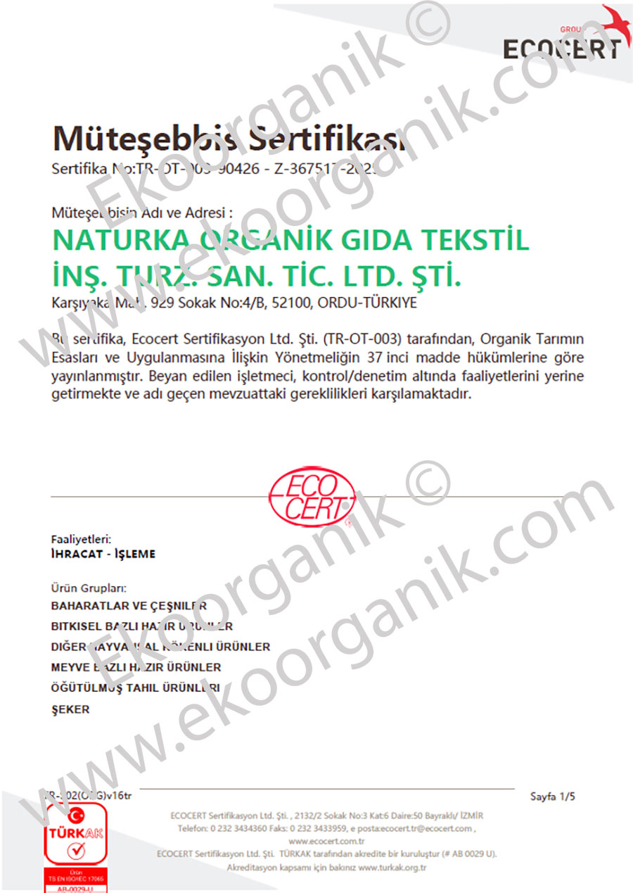 Naturka Organik Gıda ECOCERT Sertifika