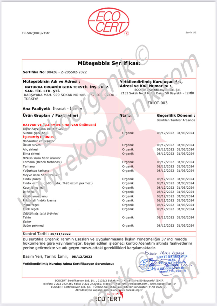 Naturka Organic Food ECOCERT Certificate