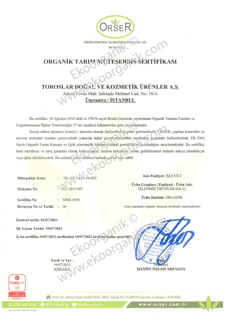 Toroslar Organic Orser Certificate