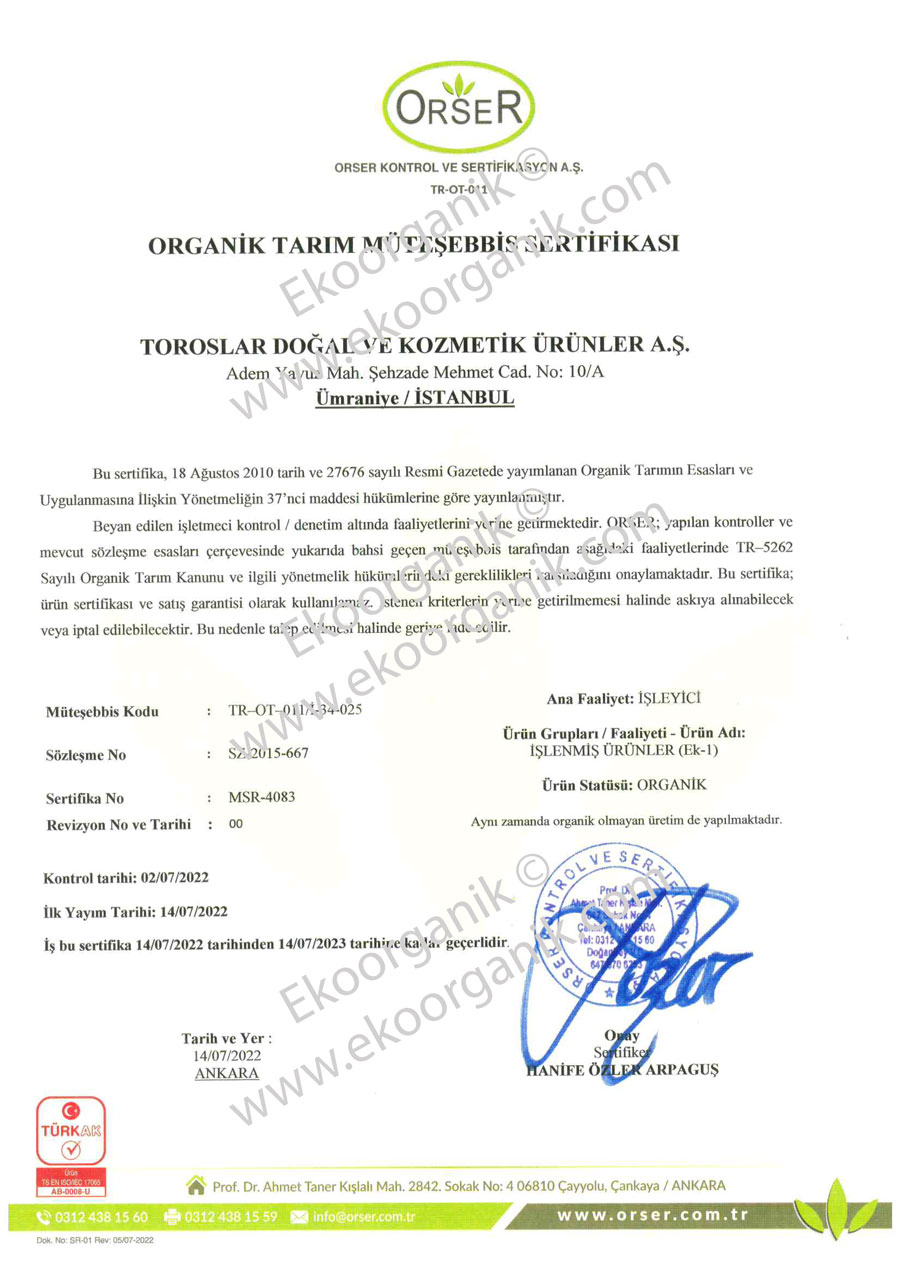 Toroslar Organic Orser Certificate